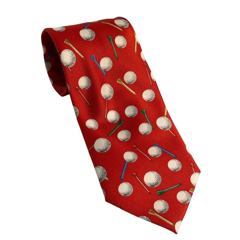 VTG Parquet Men Polyester Necktie Red Golf Club Ball All Over Print Sporty Style